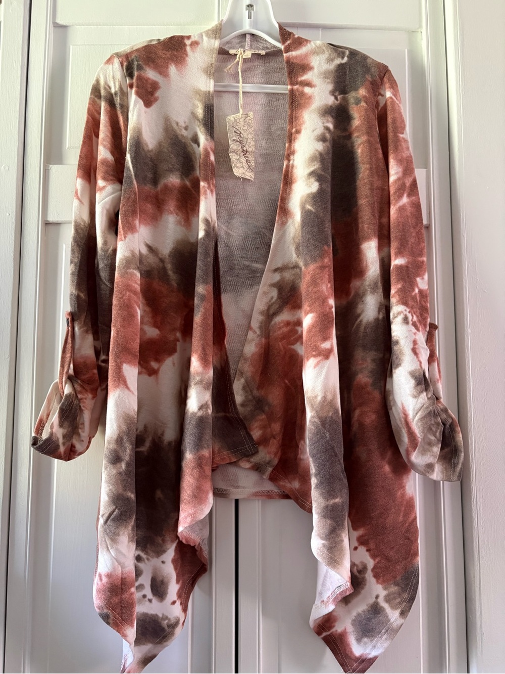 Mystree Rust Multi Tie-Dye Draped Open Cardigan